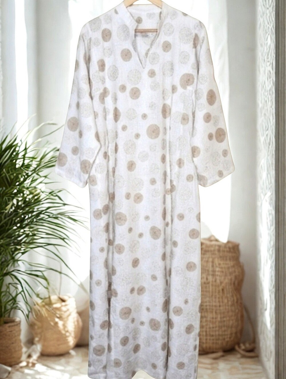 Orient 499 White Linen Kaftan with Gold & Silver Circle Embroidery - Size S